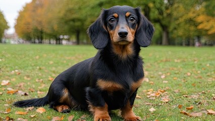 Black and tan long haired dachshund dog in the park