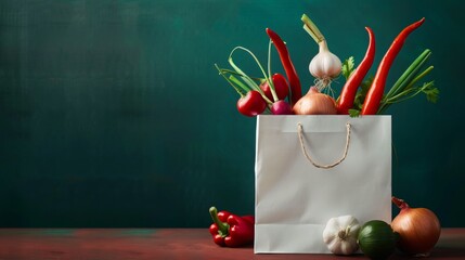 white paper bag onion red chilly paper dark green background