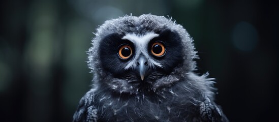 A closeup of a baby owl with electric blue eyelashes staring at the camera in the darkness, showcasing its beak and snout in stunning macro photography