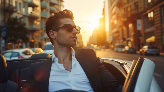 Fototapeta A young, handsome man in a sleek black suit cruises down a bustling city street at sunset