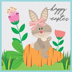 Happy easter card design with cute bunny on the carrot