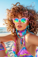 Charming model with curly hair and trendy pink round glasses posing on a sunny beach with vibrant summer attire