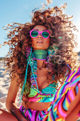 Model with voluminous curly hair wearing colorful summer-themed attire and accessories, posed joyfully on the beach