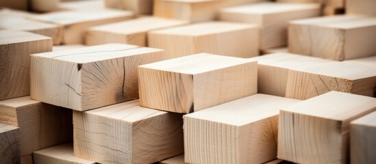 A stack of rectangular wooden blocks made from hardwood, a building material commonly used in flooring. The beigecolored planks resemble bricks in this composite material