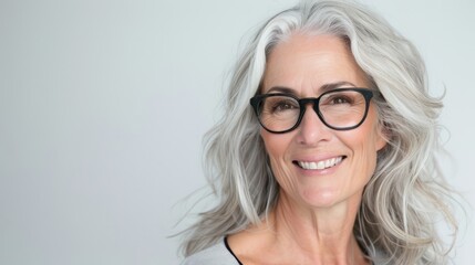A headshot of a mature woman with flawless skin and a bright smile, defying age stereotypes