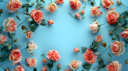 Fototapeta na wymiar Flowers Composition: Rose Flowers on Blue Background, Floral Arrangement Aesthetics, Blooms Amidst Serenity, Generative AI
