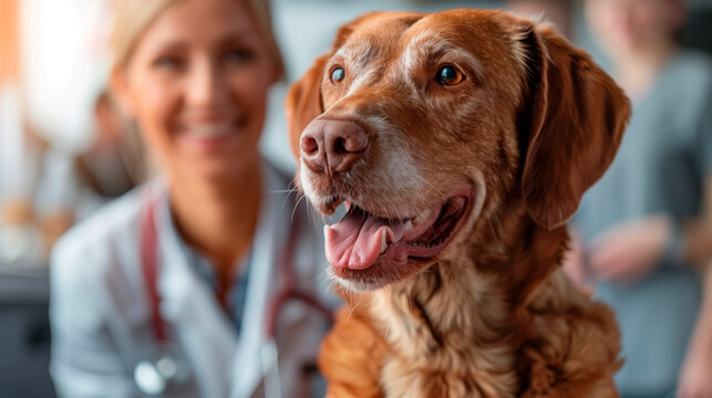This warmly-lit photo captures a joyful brown dog in sharp focus with a smiling veterinarian softly blurred in the background, highlighting the bond between pets and animal healthcare professionals