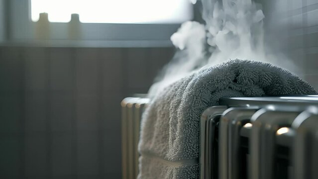 A closeup of steam rising from a towel that has just warmed in the towel warmer.