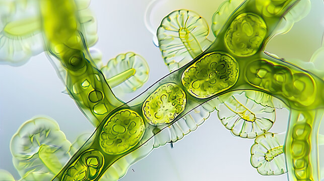 High-resolution image of Chlorophyta algae, displaying vivid chloroplasts and cellular detail in a single-celled organism.