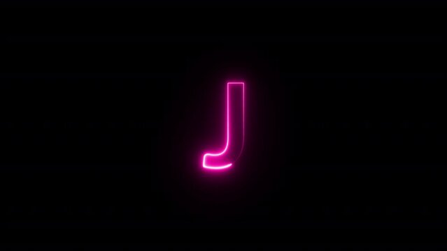 Abstract background Neon Letter J Animation on Black Background .Neon glowing sign letter J  with alpha channel, neon alphabet and letters, neon light for banner A to Z Animation.
