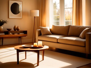 Serene living room in warm light with a plush sofa, candles on a coffee table, and tasteful decorations.