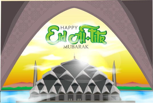 Vector Happy Eid Al-Fitr Mubarak in Al Jabbar Mosque Indonesia with yellow orange sky cloudy window