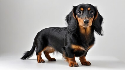 Black and tan long haired dachshund dog on grey background