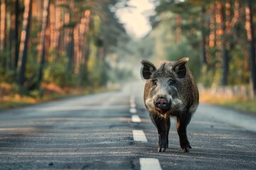 Boar standing on the road near forest at early morning or evening time. Road hazards, wildlife and transport.