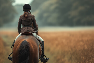 A woman in riding gear sits on the back of a brown horse and confidently controls the reins of the animal. Back view of them moving gracefully together in the field, copy space