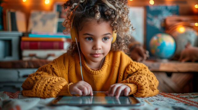 The image captures a young girl with curly hair and bright blue eyes wearing headphones, intently using a tablet, surrounded by a warm and vibrant educational setting at home.