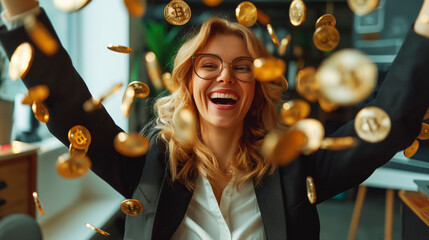 A jubilant businesswoman with glasses is caught in a mid-celebration moment as golden Bitcoins rain down around her, symbolizing the thrill of financial success in the cryptocurrency market