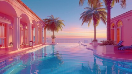 Luxurious villa with an infinity pool at sunset, featuring elegant arches, palm trees, and a serene ocean view, in an idyllic tropical setting.