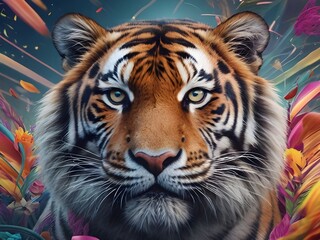 Naklejka premium Captivating, high-quality image for the internet in 2024 featuring a detailed and vibrant tiger. Integrate trending or culturally relevant elements, emphasizing colors, composition Generative AI