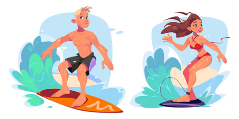 Naklejka premium Surfers catching and riding wave on board. Cartoon vector illustration set of young man and woman standing on surfboard in sea or ocean. Happy active people swimming. Summer beach extreme adventure.