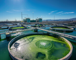 Modern wastewater treatment plant with circular tanks filled with green water under a clear blue sky. - obrazy, fototapety, plakaty