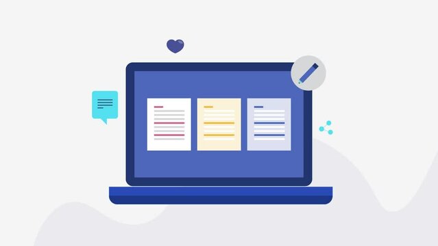 Document writing, text content creation for blog, news journal business information update on laptop screen, video animation concept.