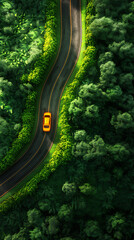 green road in the forest with yellow car