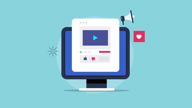 Post video content on social media online audience interaction marketing and promotion on digital platform, animation concept.
