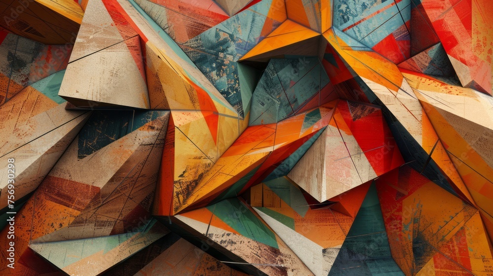 Poster vibrant abstract geometric composition with multicolored textured polygons