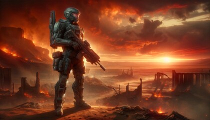 The image depict a futuristic soldier standing guard in a dystopian landscape, with a fiery sky in the background, depicting vigilance and dete. - obrazy, fototapety, plakaty