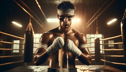 The image depict a close-up of a boxer wrapped in bandages, standing defiantly with fists clenched, in a dimly lit gym.