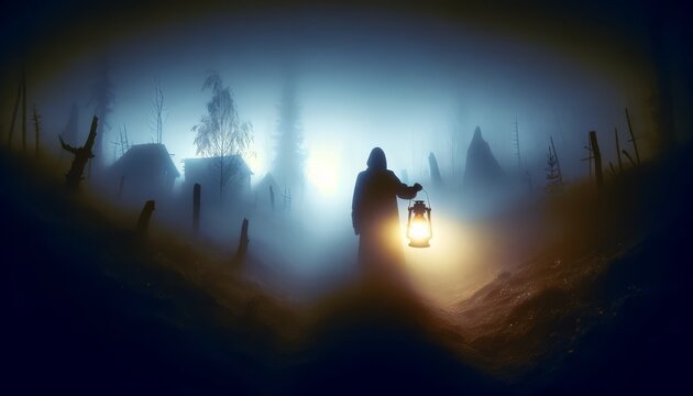 The image depict a mysterious figure standing in the fog, holding a lantern, leading the way through the unknown.
