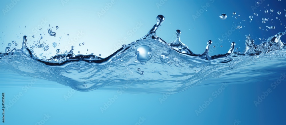 Poster a macro photography close up capturing a splash of water on an electric blue background, creating a 