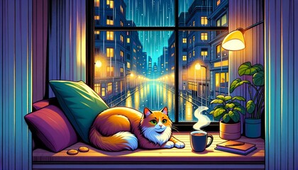 An image in the style of a calm and vibrant cartoon, showing a cat lounging on a windowsill, watching the rain outside, with a cityscape in the backgr.