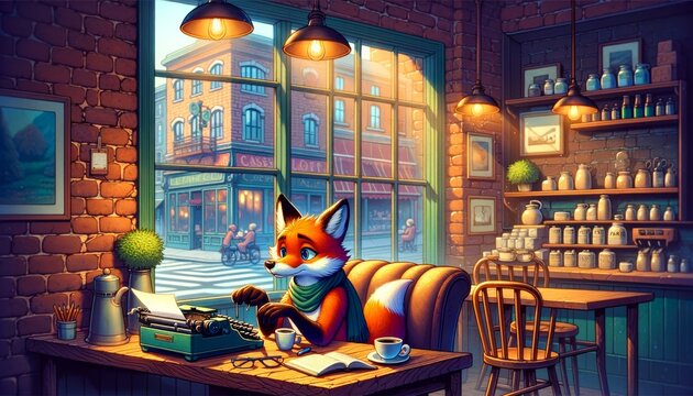 An image in the style of a calm and vibrant cartoon, depicting a fox sitting in a vintage café, typing on an old-fashioned typewriter.