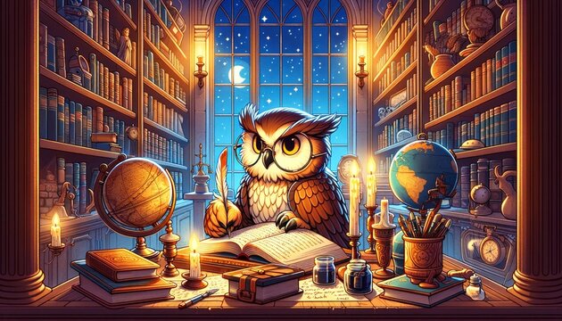 An image in the style of a calm and vibrant cartoon, depicting an owl wearing glasses, sitting in a study room filled with books and ancient artifacts.