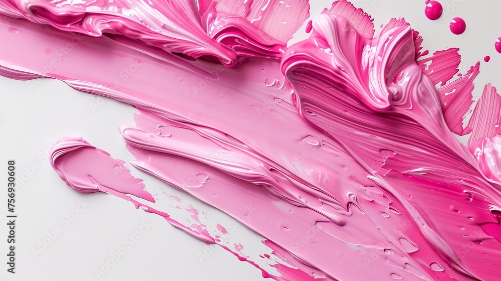 Poster bold strokes of pink paint cascading over a pristine white surface, creating an abstract and artisti