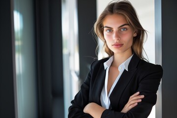 Serious young attractive businesswoman posing looking at the camera at her office