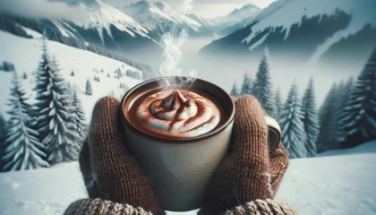 Foto op Canvas A close-up shot of a hot cup of cocoa with steam rising, held by gloved hands against a snowy mountain backdrop. © FantasyLand86