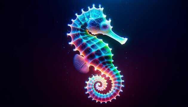 A close-up image of a neon-illuminated seahorse against a dark, gradient background, highlighting its intricate body structure and glowing outlines.