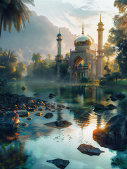 Little mosque by the river in the morning - obrazy, fototapety, plakaty
