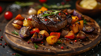 Succulent fillet steak and roast vegetables, food concept, generative ai