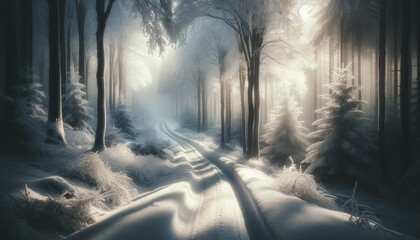 Medium shot of a winding, snow-covered path through a dense forest, with sunlight filtering through foggy trees.