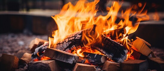 A close-up view of a roaring fire burning within a stone fire pit, with blurred flames licking the air from wood logs.