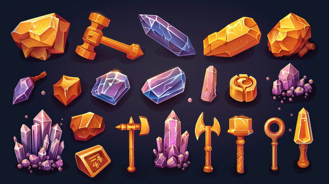 Game UI design set Cartoon gold mine tools and crystals illustration.