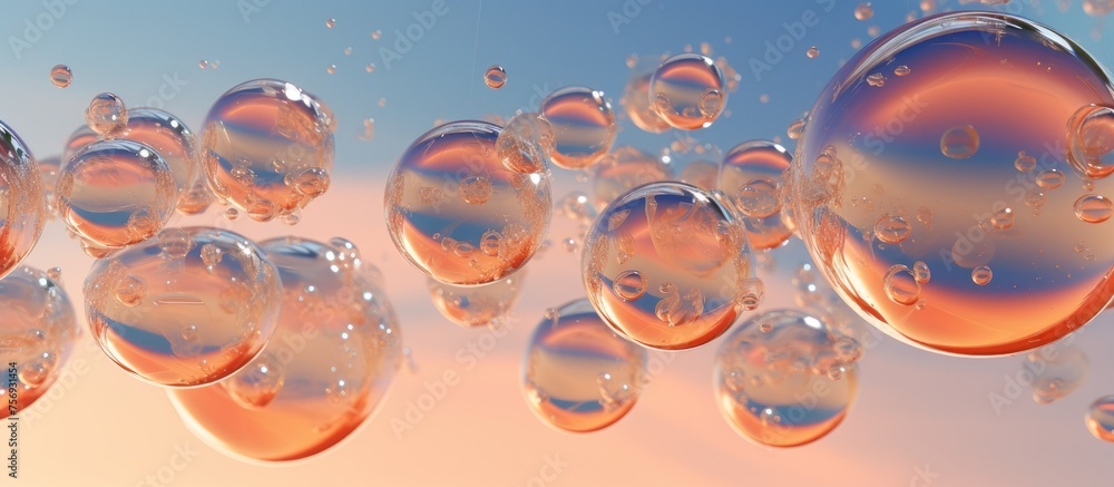 Poster a bunch of soap bubbles made of liquid water and transparent material float in the air, creating a f