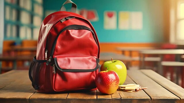 Full school backpack with books school desk. next to lie two apples. the beginning of the school year. the beginning of the school year. Generative AI
