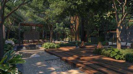 Photo sur Aluminium Kaki In a high-end residential community, in front of a landscaped structure, there lies a wooden platform. Bathed in elegance, the platform is adorned with chic seating arrangements