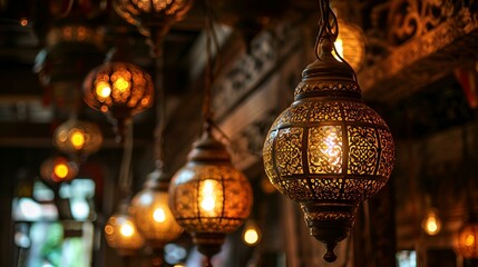 Ornamental Arabic lantern with burning candle glowing at night Ramadan Kareem concept
