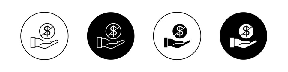 No Dollar Sign Icon Set. Dollar Currency Cost fee forbidden vector symbol in a black filled and outlined style. No Dollar Money Cashless Policy Sign.